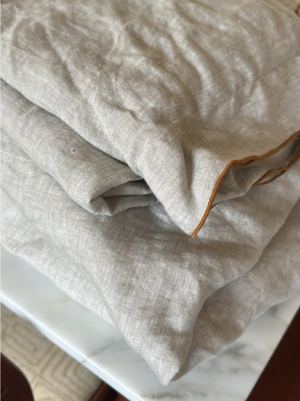 West Elm Natural Flax Linen Duvet Cover with Terracotta Piping